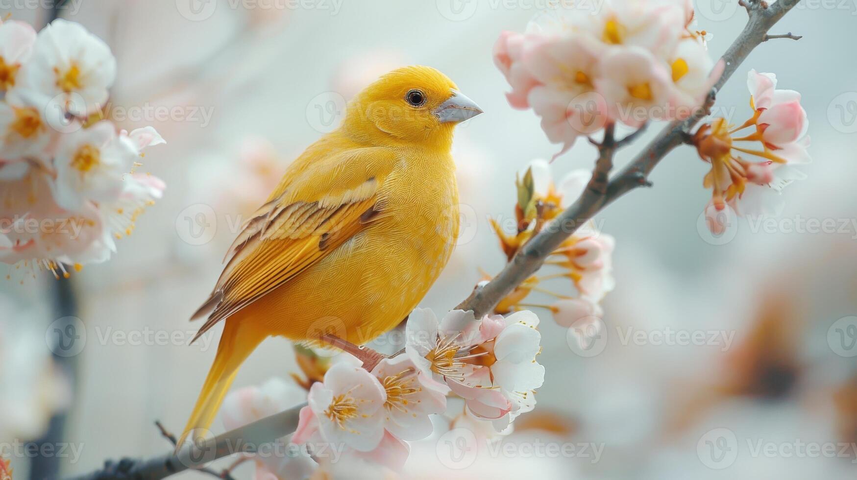 A Bright Yellow Canary Perched Gracefully Against a White Background in Natural Light. photo