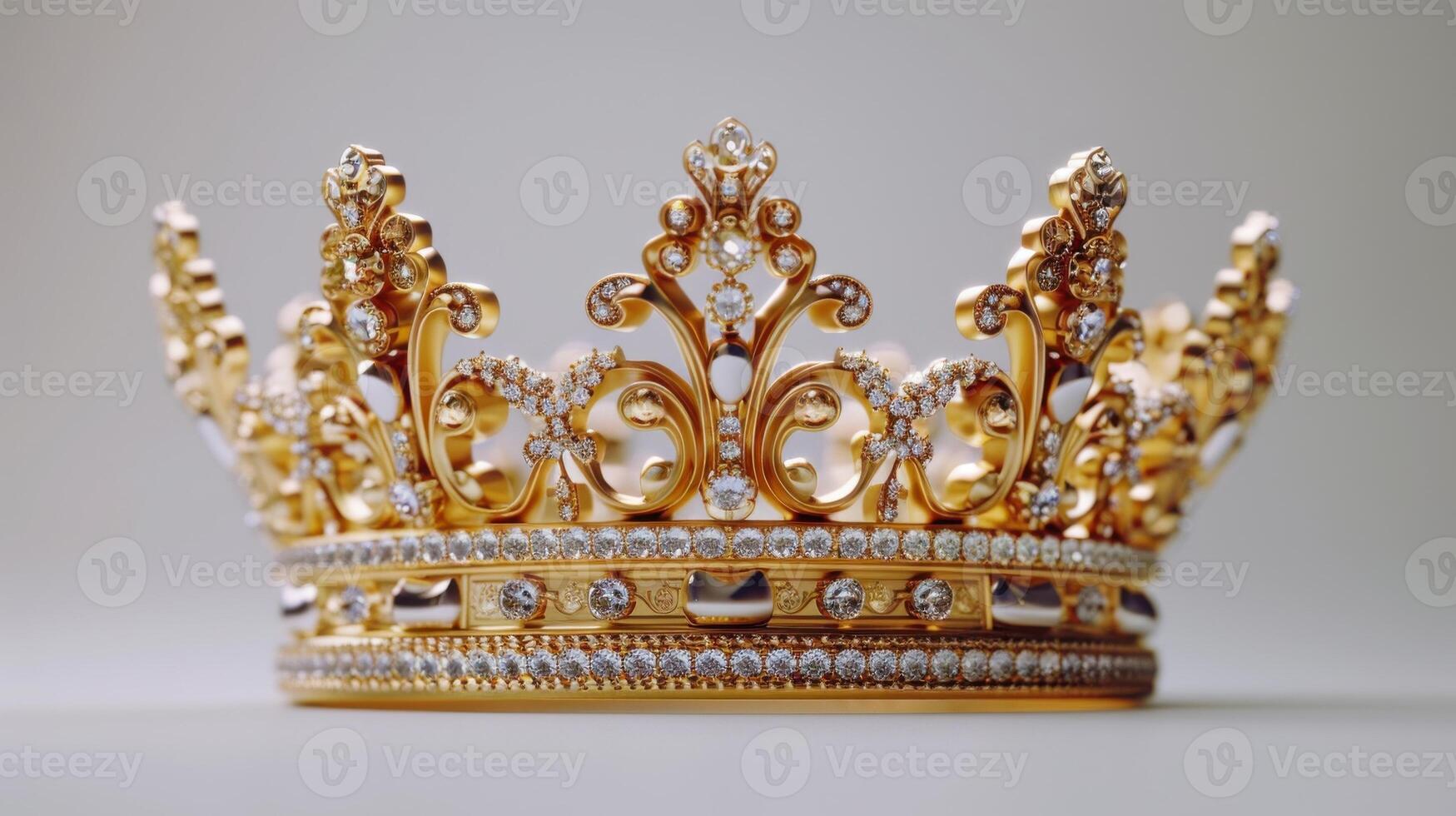 Exquisite Golden Crown Adorned With Intricate Designs and Sparkling Gems Against a Pure White Background. photo