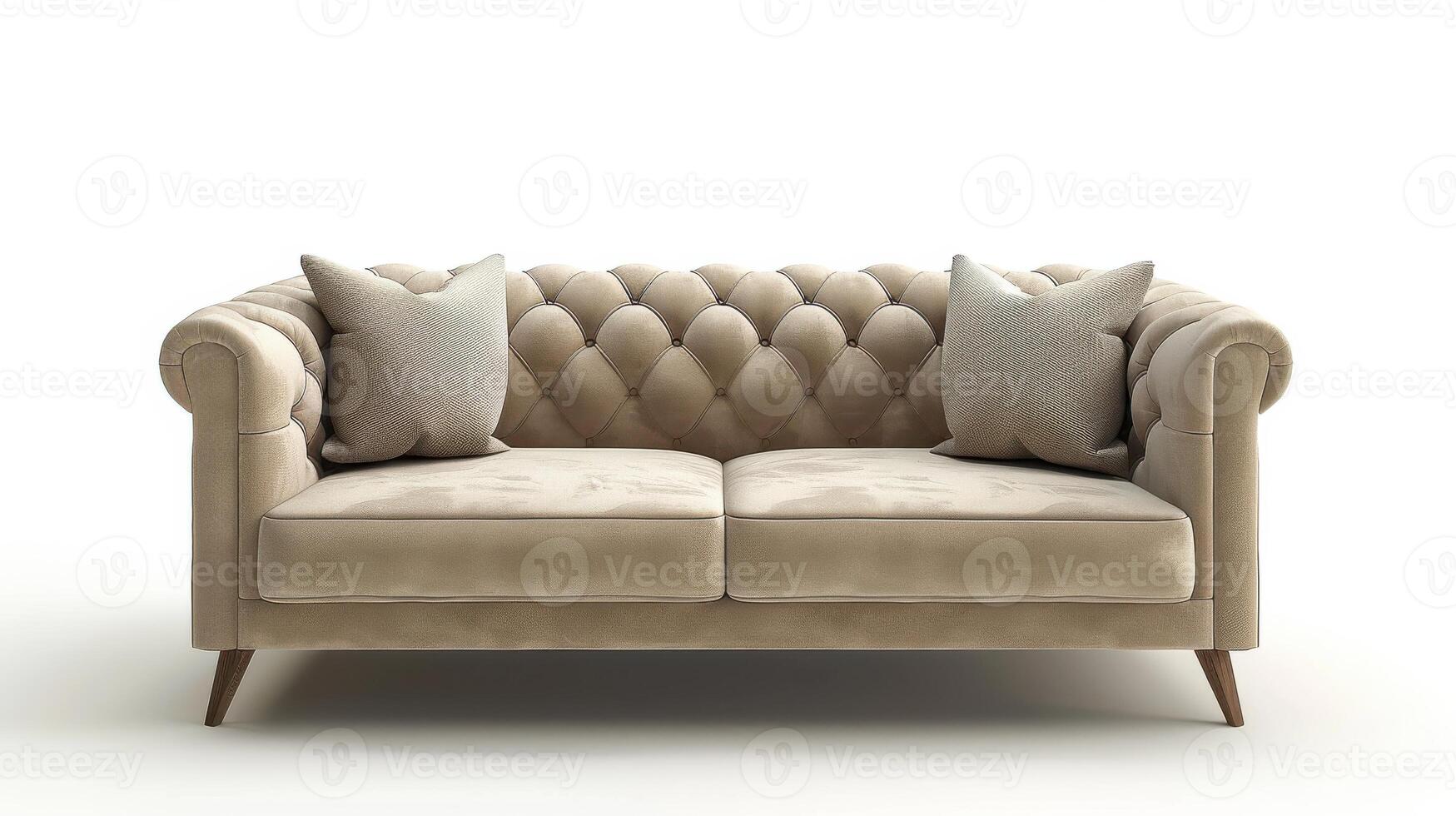 Elegant Beige Chesterfield Sofa With Throw Pillows in Modern Living Room Setting. photo