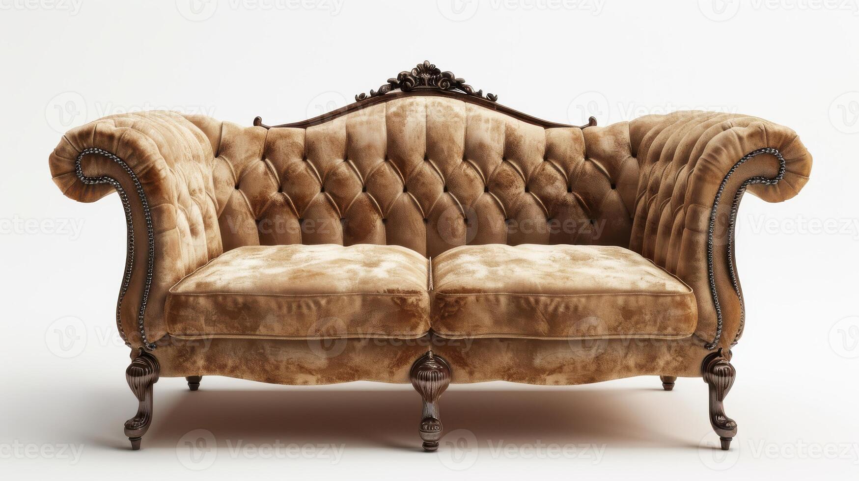 Luxurious Brown Tufted Couch in Elegant Living Room Setting With Warm Lighting and Vintage Accents. photo