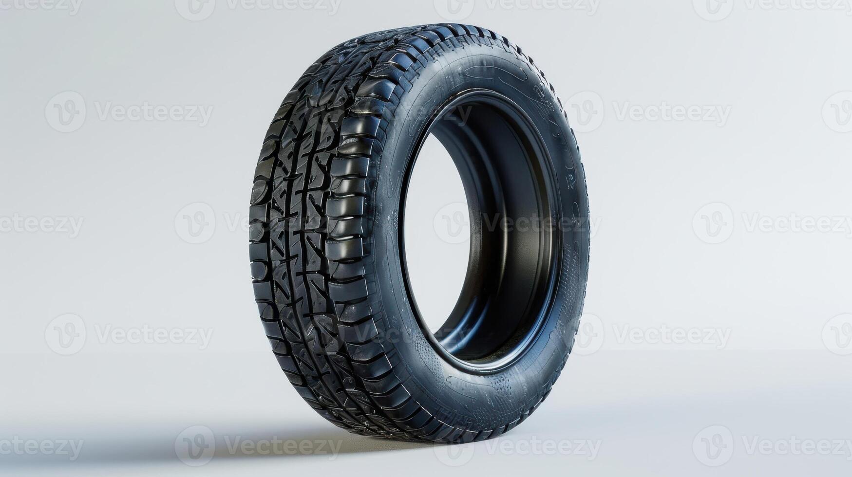 A Unique Perspective of a Isolated Black Tire Against a Minimalistic White Background With Intricate Tread Patterns. photo