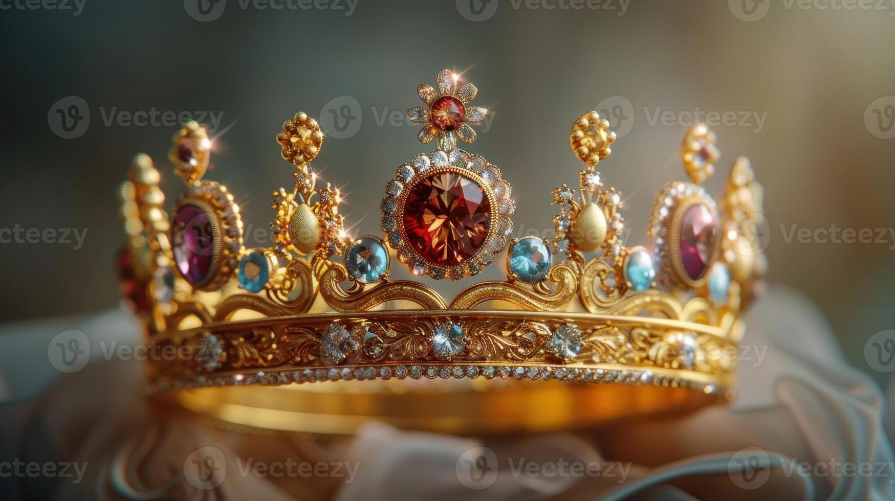 An Exquisite Golden Crown Adorned With Colorful Gems Illuminated Against a Pure White Background. photo