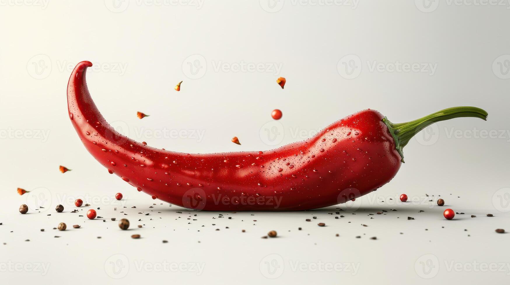 Vibrant Red Chili Pepper Glistening With Dew Under Natural Light in a Minimalistic Setting. photo