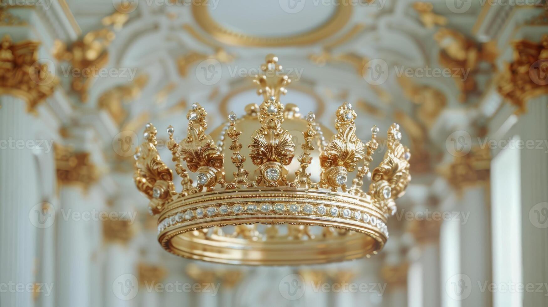 Majestic Golden Crown Adorned With Sparkling Gems Displayed Elegantly on a Soft Background. photo