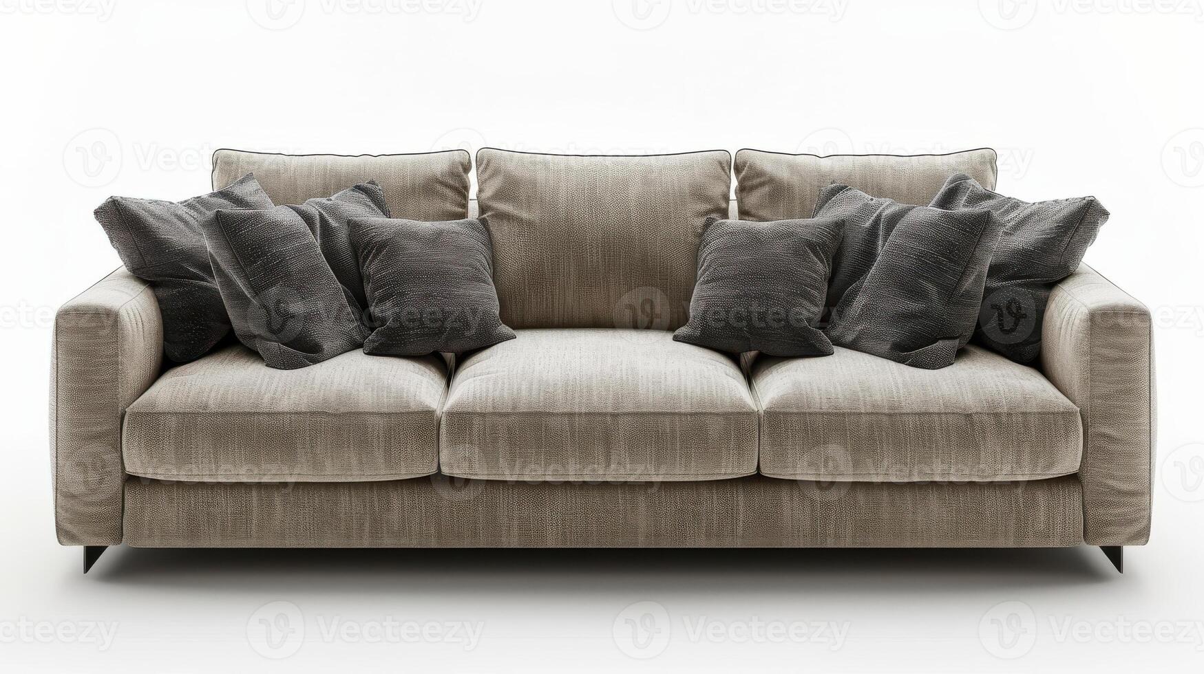 Cozy Living Room Sofa Surrounded by Plush Cushions in a Brightly Lit Home Setting. photo