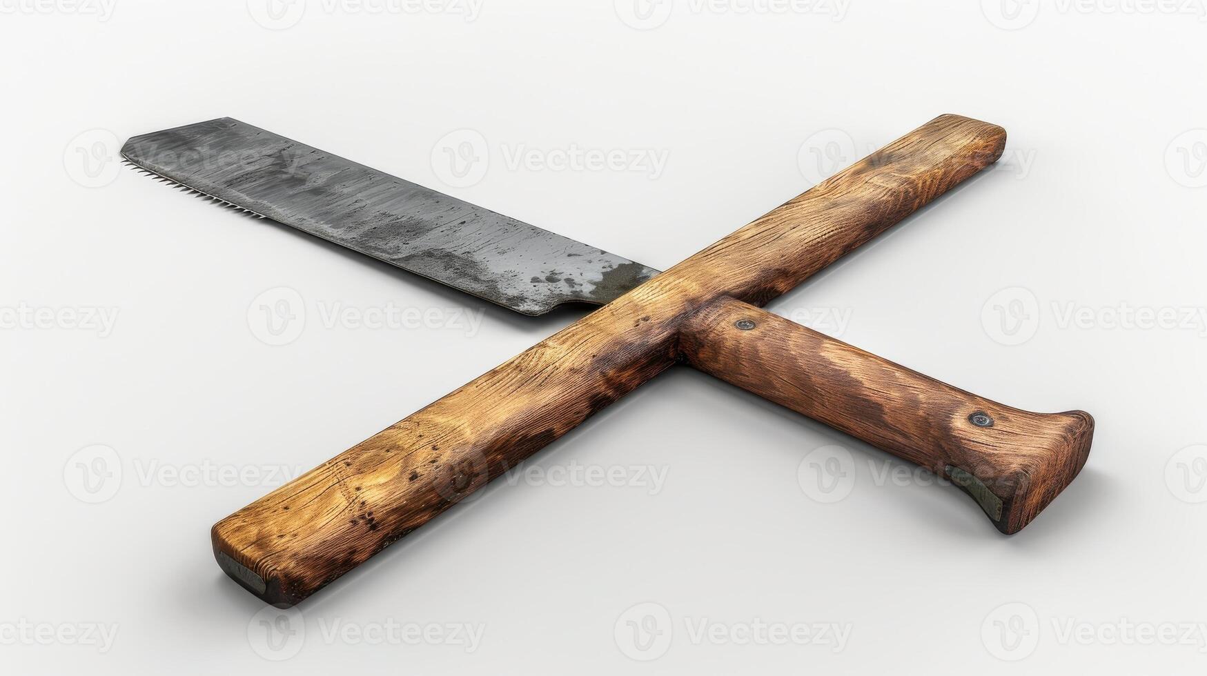 Artisan Woodworking Tool Crossed With a Rustic Wooden Handle on a Neutral Background. photo