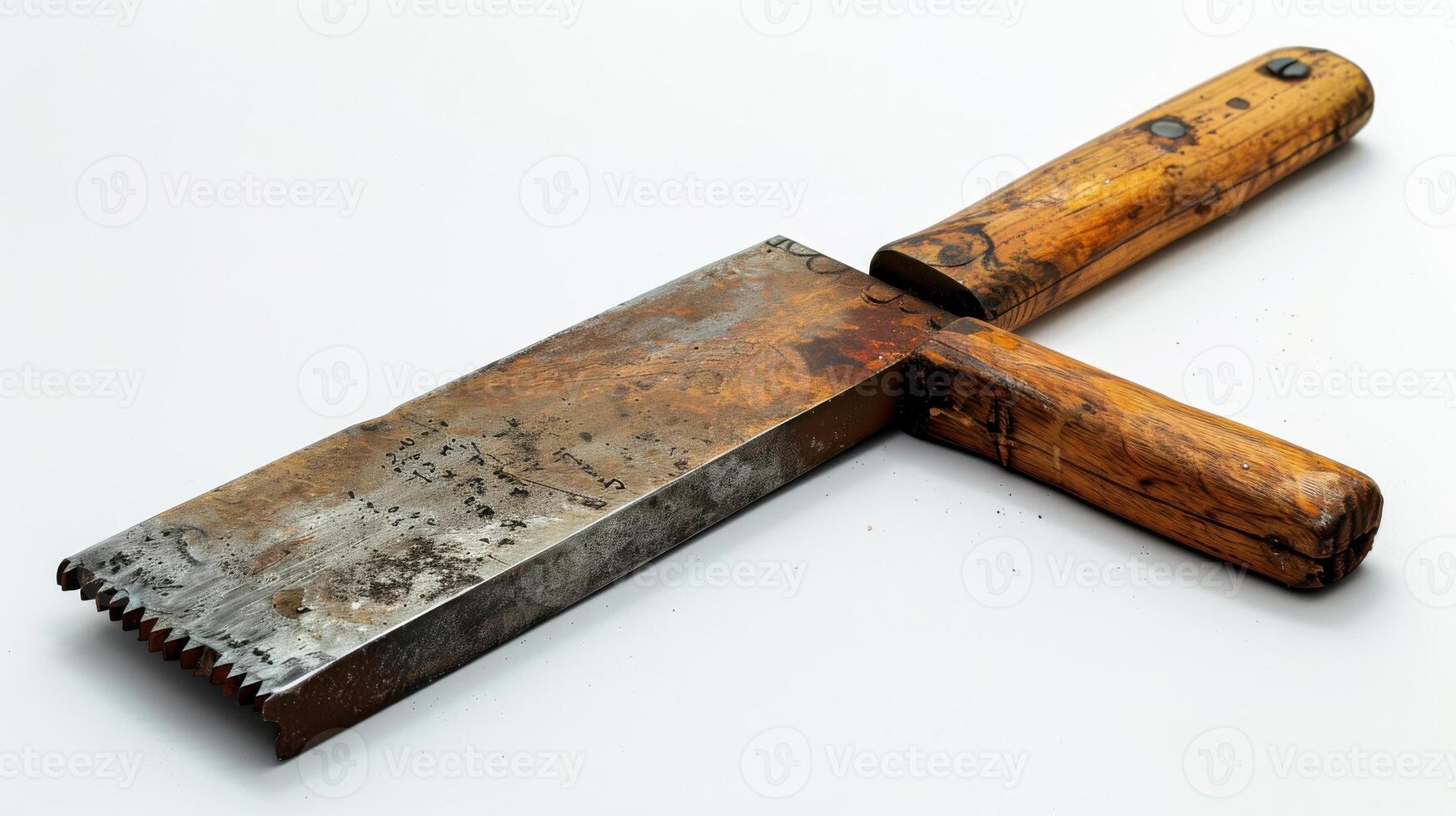 A Rustic Carpenter's Tool Resting on a Weathered Workbench at a Remote Workshop Under Soft Morning Light. photo