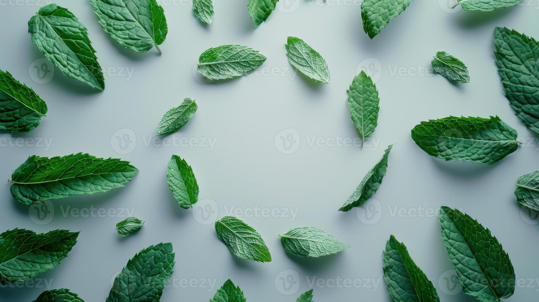 Vibrant Green Mint Leaves Gently Floating on White Background in Artistic Arrangement. photo
