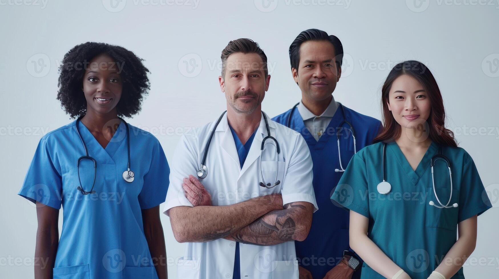 Diverse Group of Medical Professionals Posing Together in Scrubs for Team Photo in Modern Healthcare Setting.
