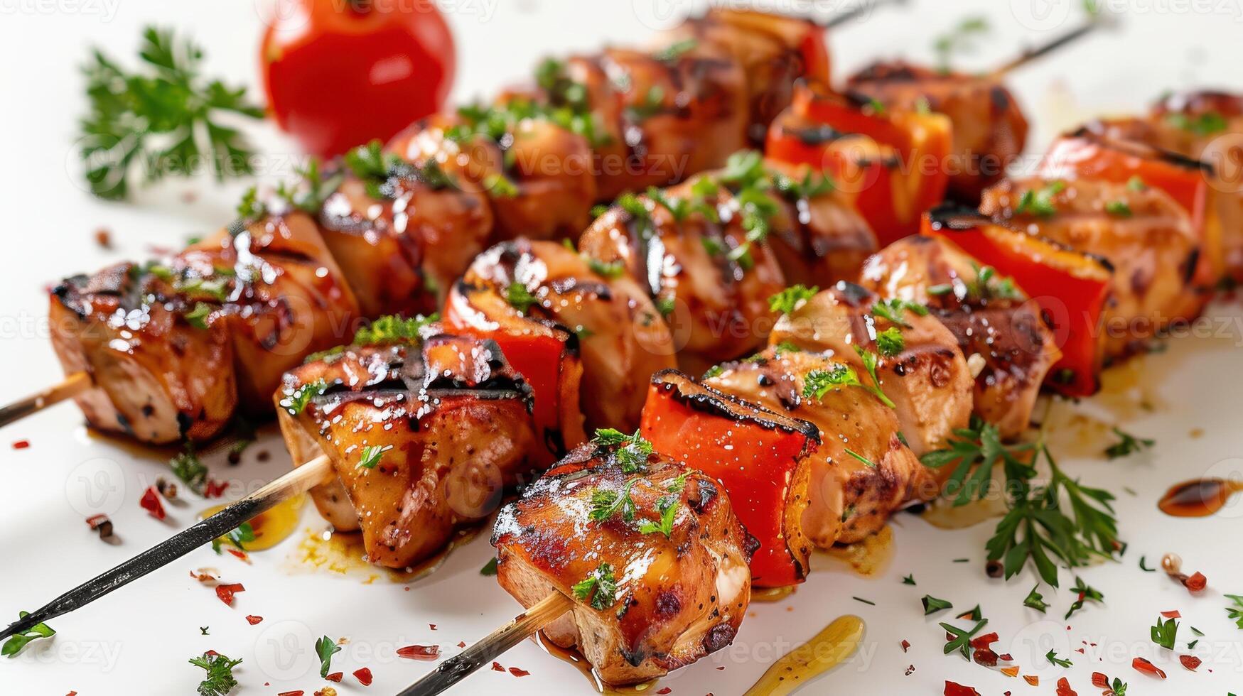 Sizzling Grilled Chicken Skewers With Colorful Bell Peppers and Fresh Herbs at a Summer Barbecue Gathering. photo