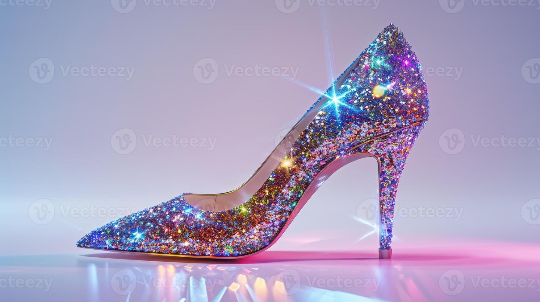 Sparkling High Heeled Shoe Displayed Against a Clean Background in a Dreamy, Glamorous Setting. photo