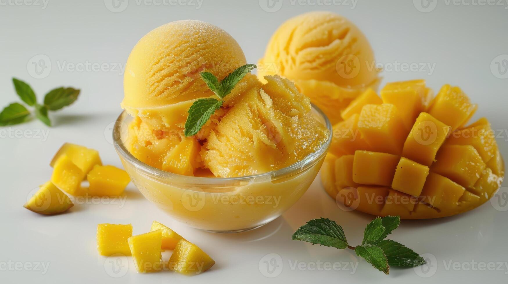 Refreshing Mango Sorbet Served in a Bowl Surrounded by Juicy Chunks of Fresh Mango and Vibrant Mint Leaves in Bright Light. photo