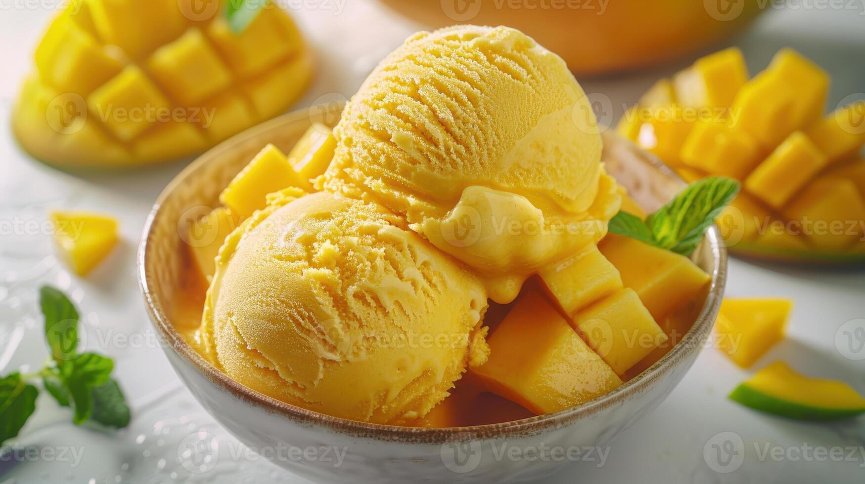 Delicious Mango Sorbet Served in a Rustic Bowl With Fresh Fruit Garnish on a Sunny Afternoon. photo