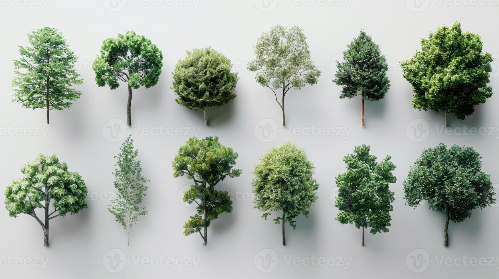 Diverse Collection of Deciduous and Coniferous Trees Displayed on White Background. photo