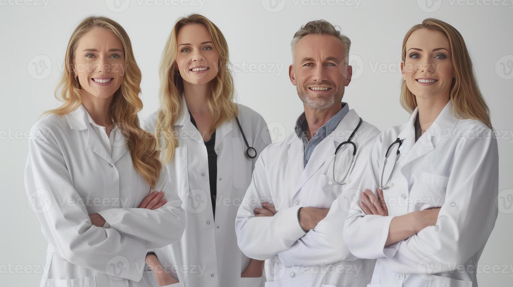 Group Of Medical Professionals Wearing White Coats Standing Together Smiling In A Well-Lit Studio Environment. photo