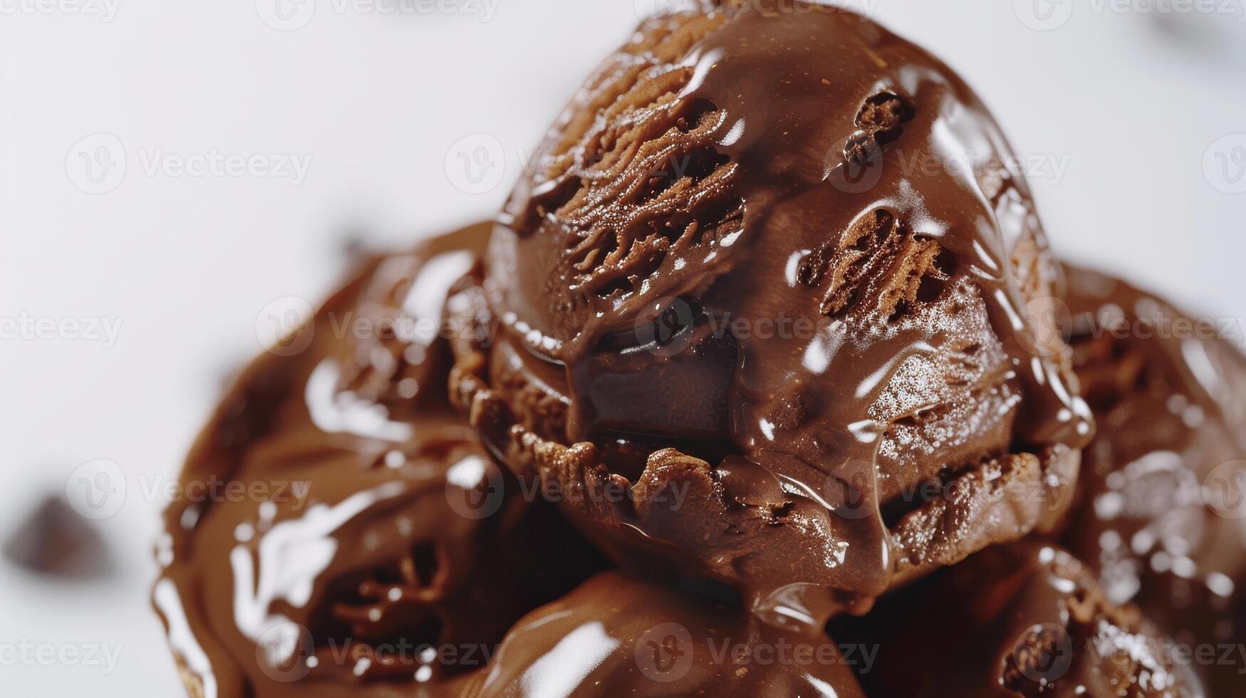 Indulgent Chocolate Ice Cream Scoops Drizzled With Rich Chocolate Sauce on White Background. photo