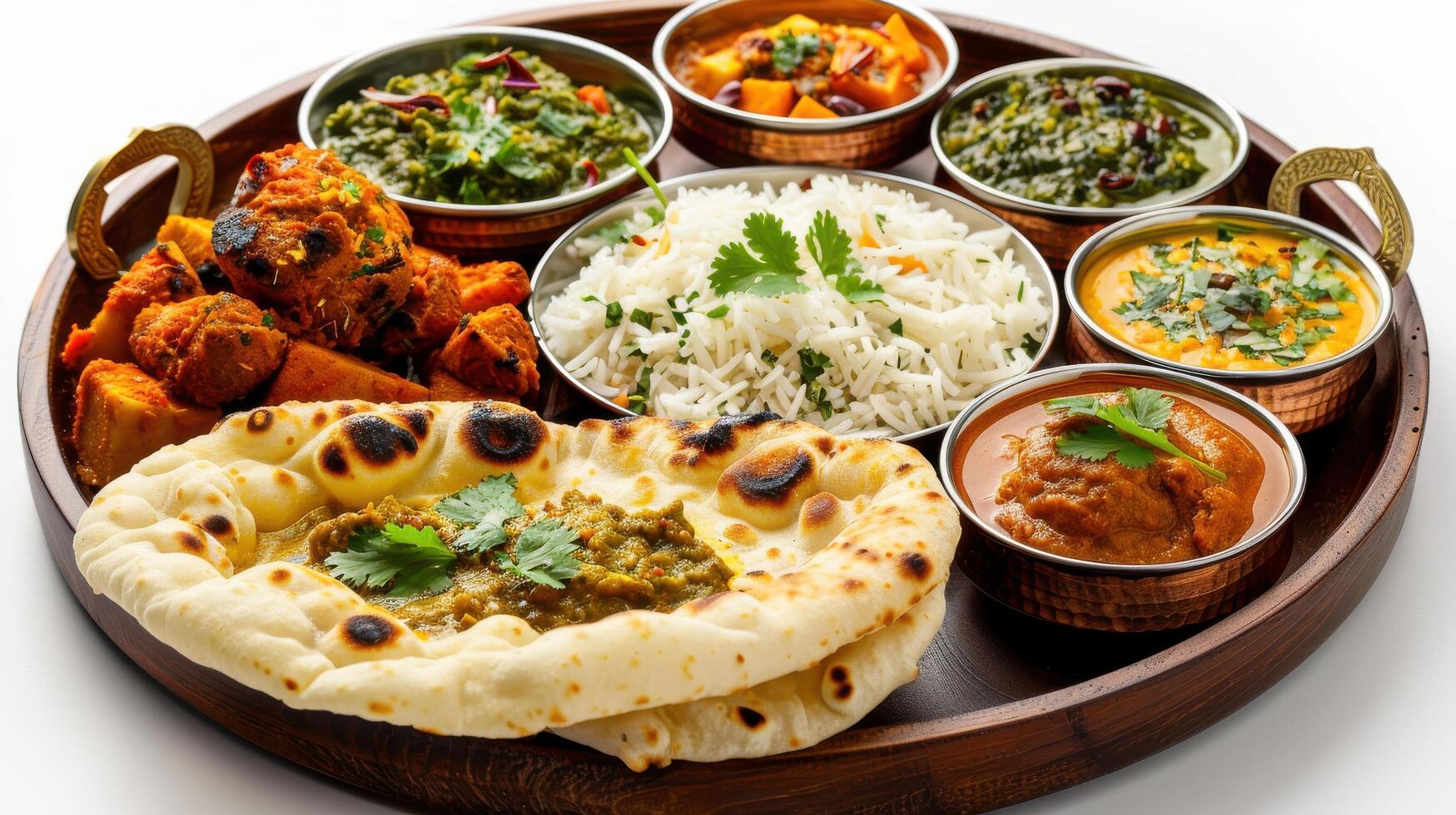 Delicious Indian Cuisine Platter With Various Dishes and Naan Bread Served on a Wooden Tray. photo