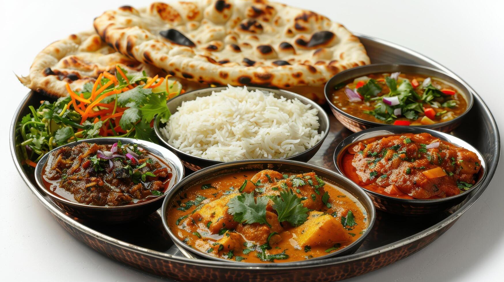 Delightful Indian Cuisine Platter Featuring Various Curries, Rice, and Naan Bread in an Elegant Set-Up. photo