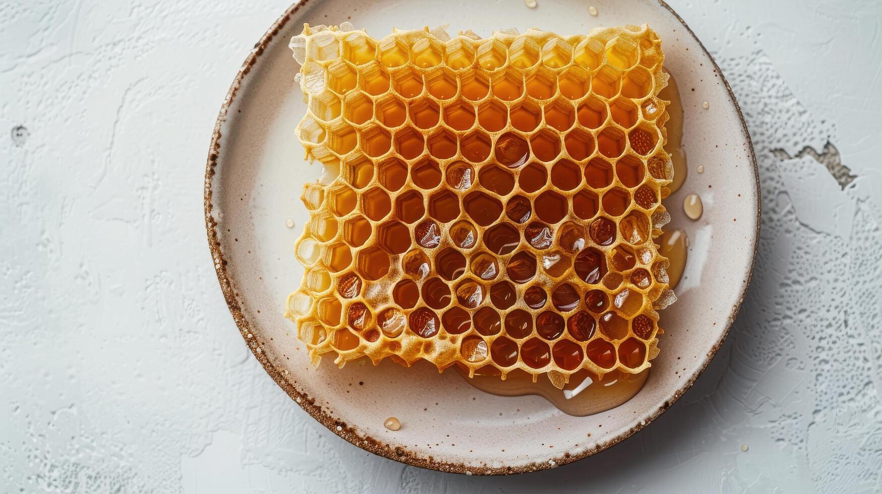 Freshly Harvested Honeycomb Displayed on a Rustic Plate in Natural Light. photo