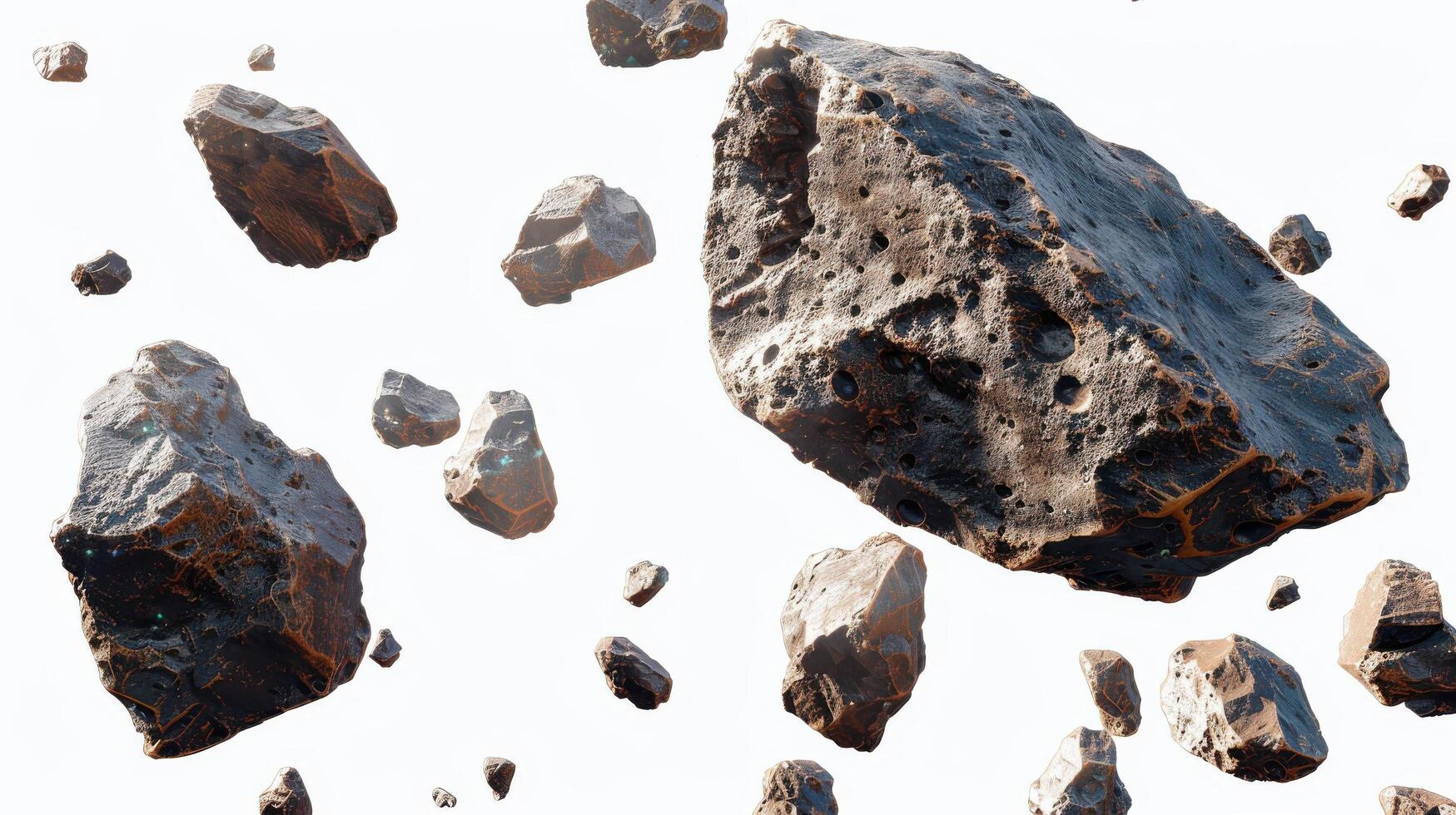 Floating Asteroids in Outer Space Against a White Background Captured During a Celestial Event. photo