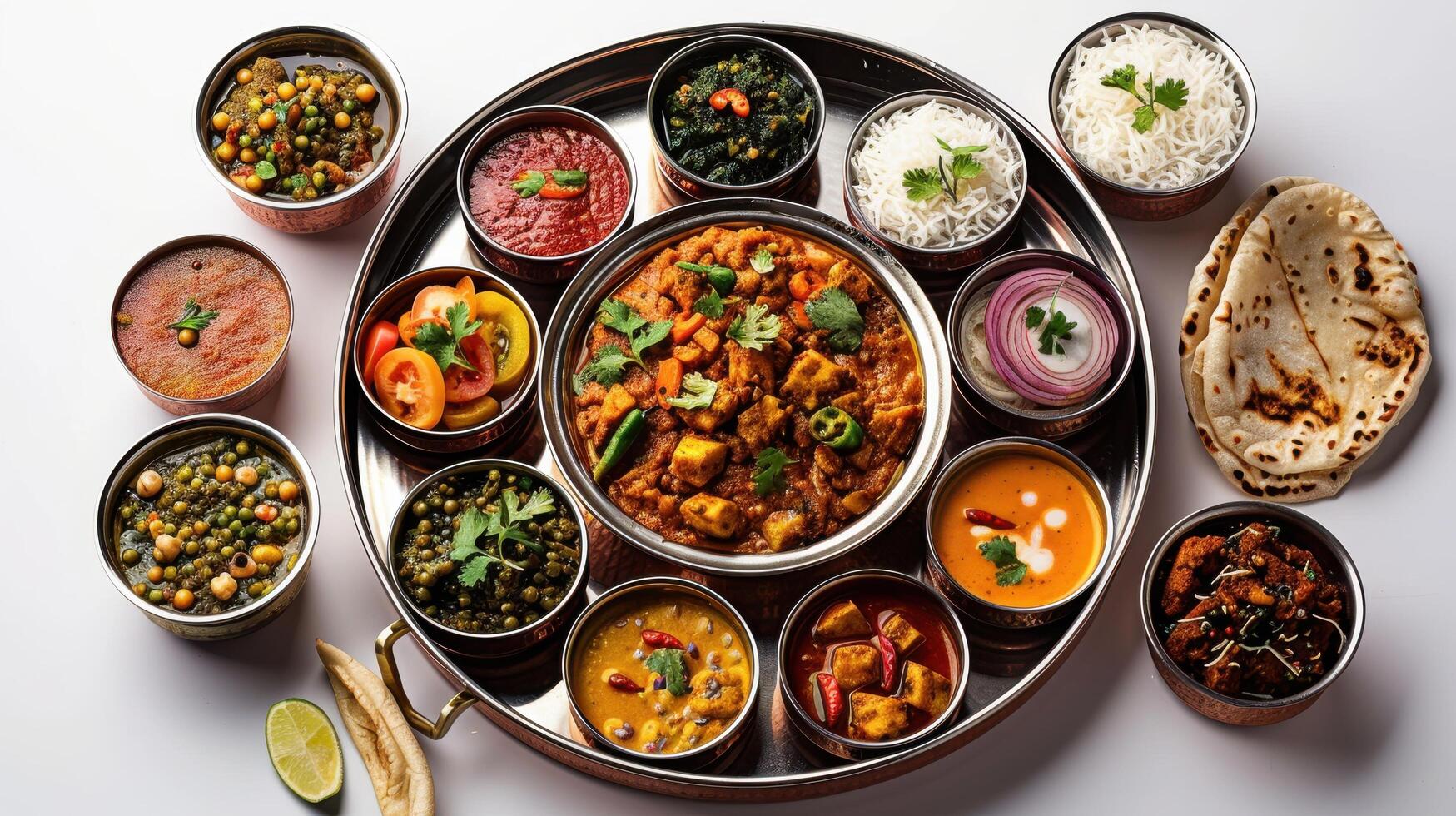 Plateful of Diverse Indian Dishes Served on a Traditional Thali With Fresh Ingredients and Vibrant Colors. photo