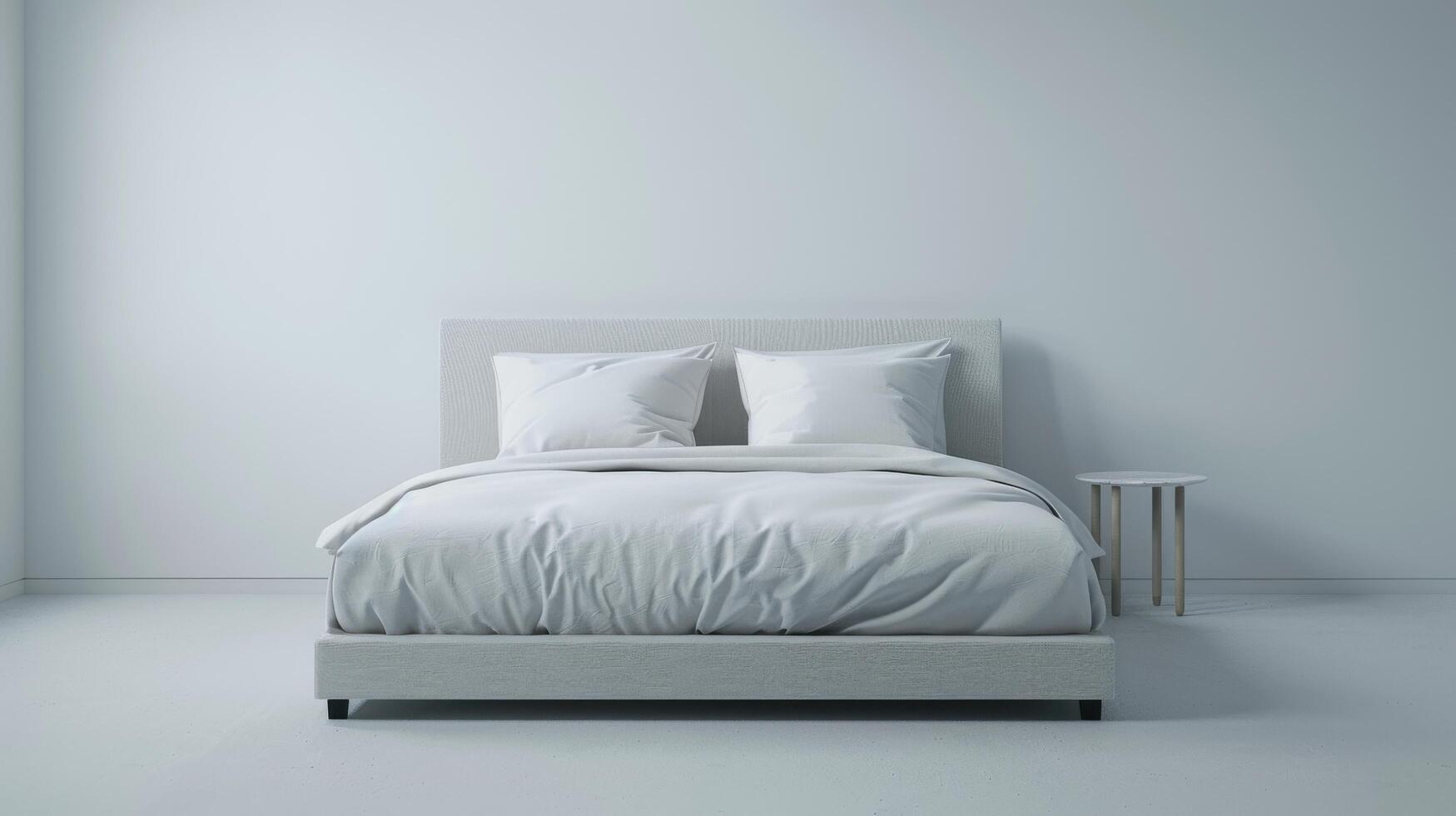 Modern Minimalist Bedroom Design Featuring Soft Gray Bedding and Simple Nightstand. photo