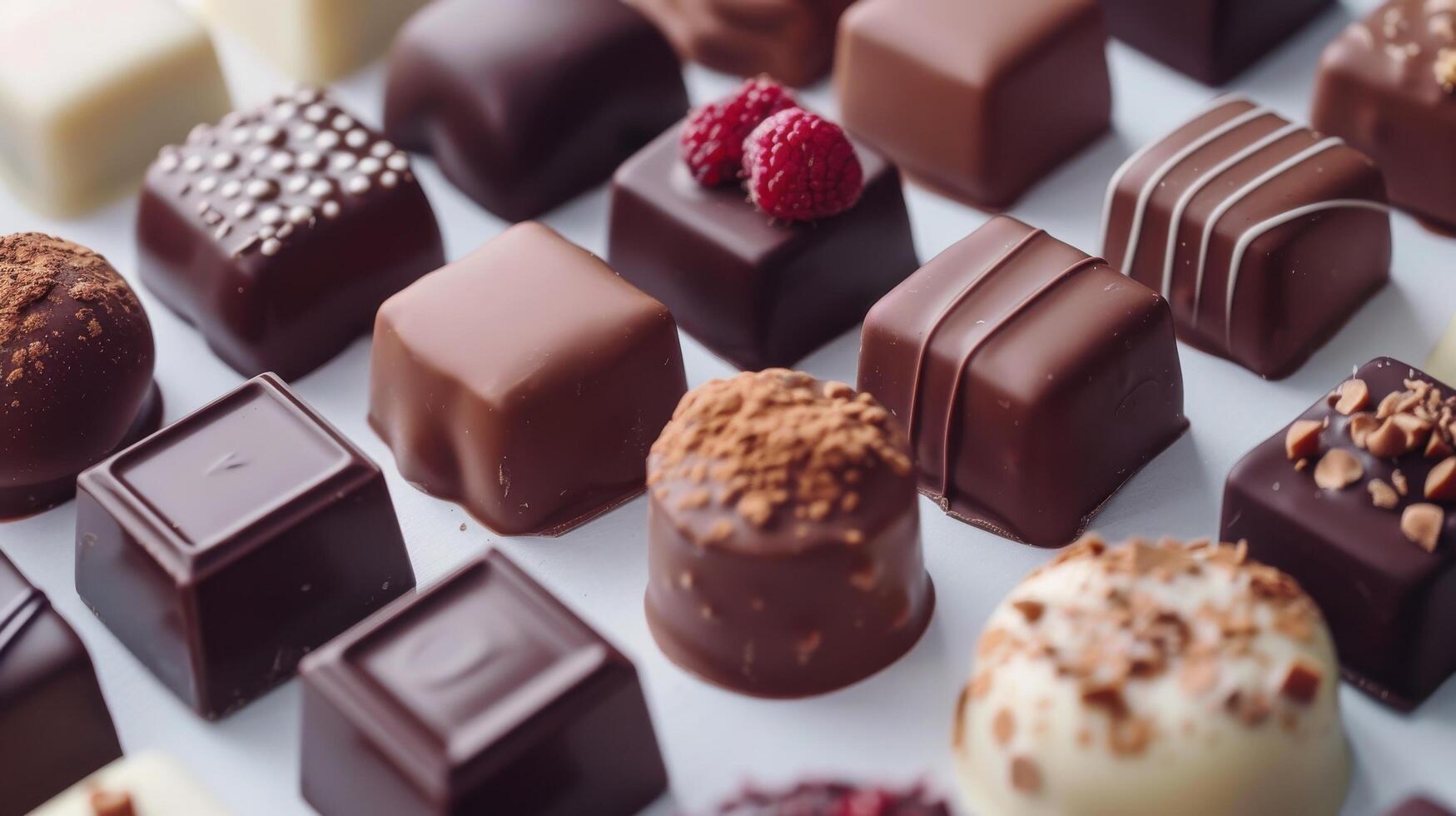 Assortment of Gourmet Chocolates Displayed on a White Background With Various Toppings and Flavors. photo