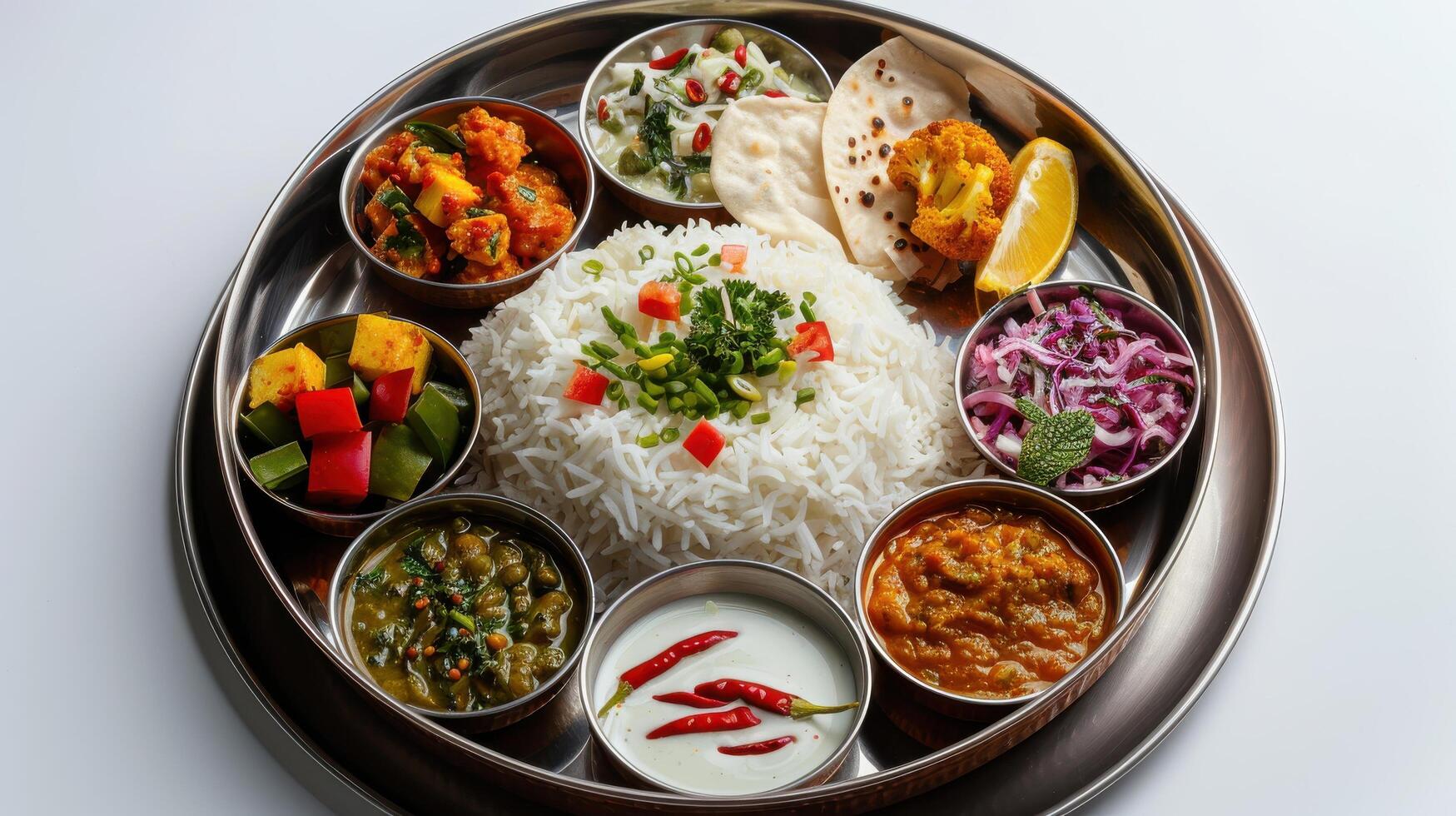 Traditional Indian Thali Featuring Varied Dishes Served Warm on a Steel Platter With Accompaniments and Rice. photo