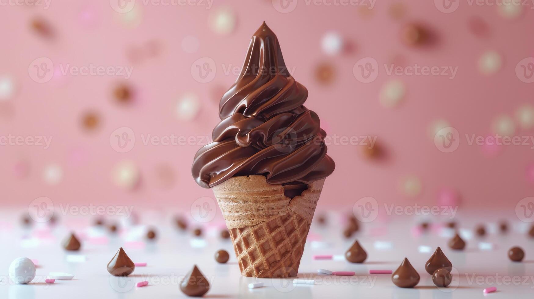 Indulgent Chocolate Soft Serve Ice Cream Cone Enjoyed on a Hot Summer Day. photo