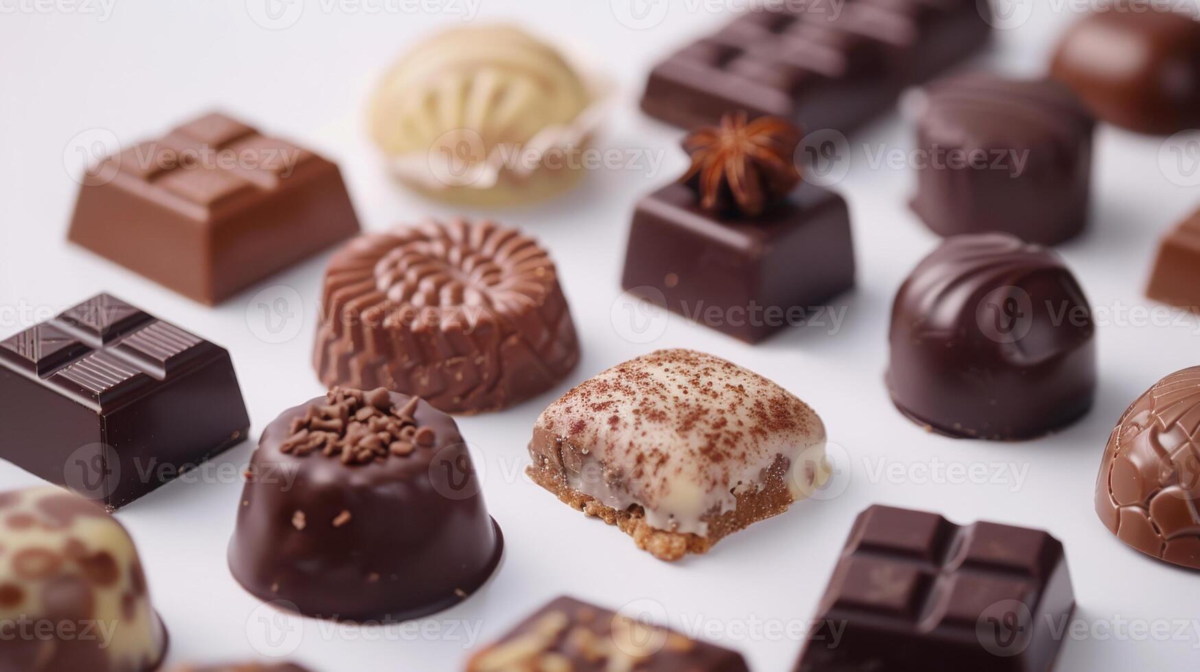Assorted Artisan Chocolates Displayed on a White Background for a Tempting Sweet Treat Experience. photo