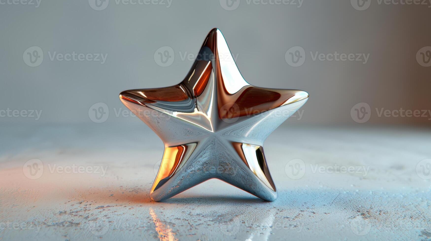 Shiny Metallic Star Sculpture Displayed on White Background With Reflection and Highlights. photo