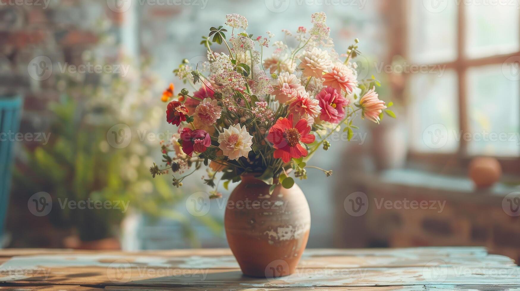 Brightly Colored Flower Arrangement in Rustic Vase on Table Surrounded by Natural Light. photo