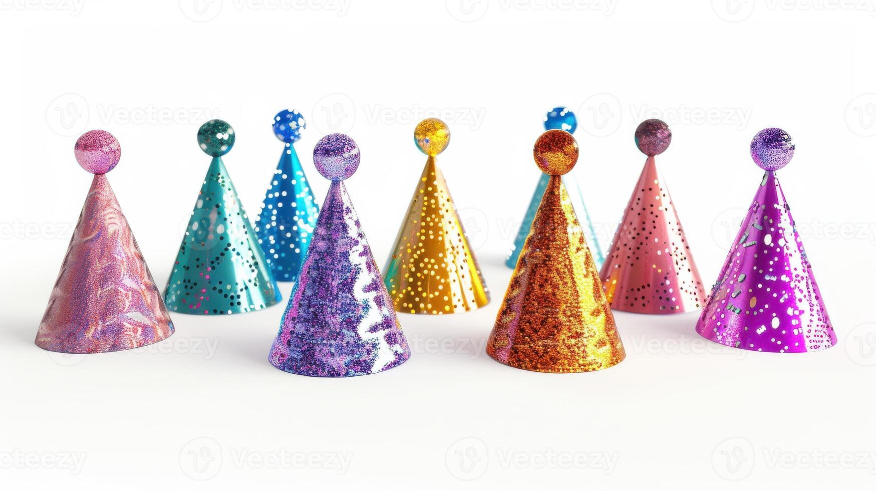 Brightly Colored Party Hats Displayed Together on White Background for Festive Celebrations and Events Throughout the Year. photo