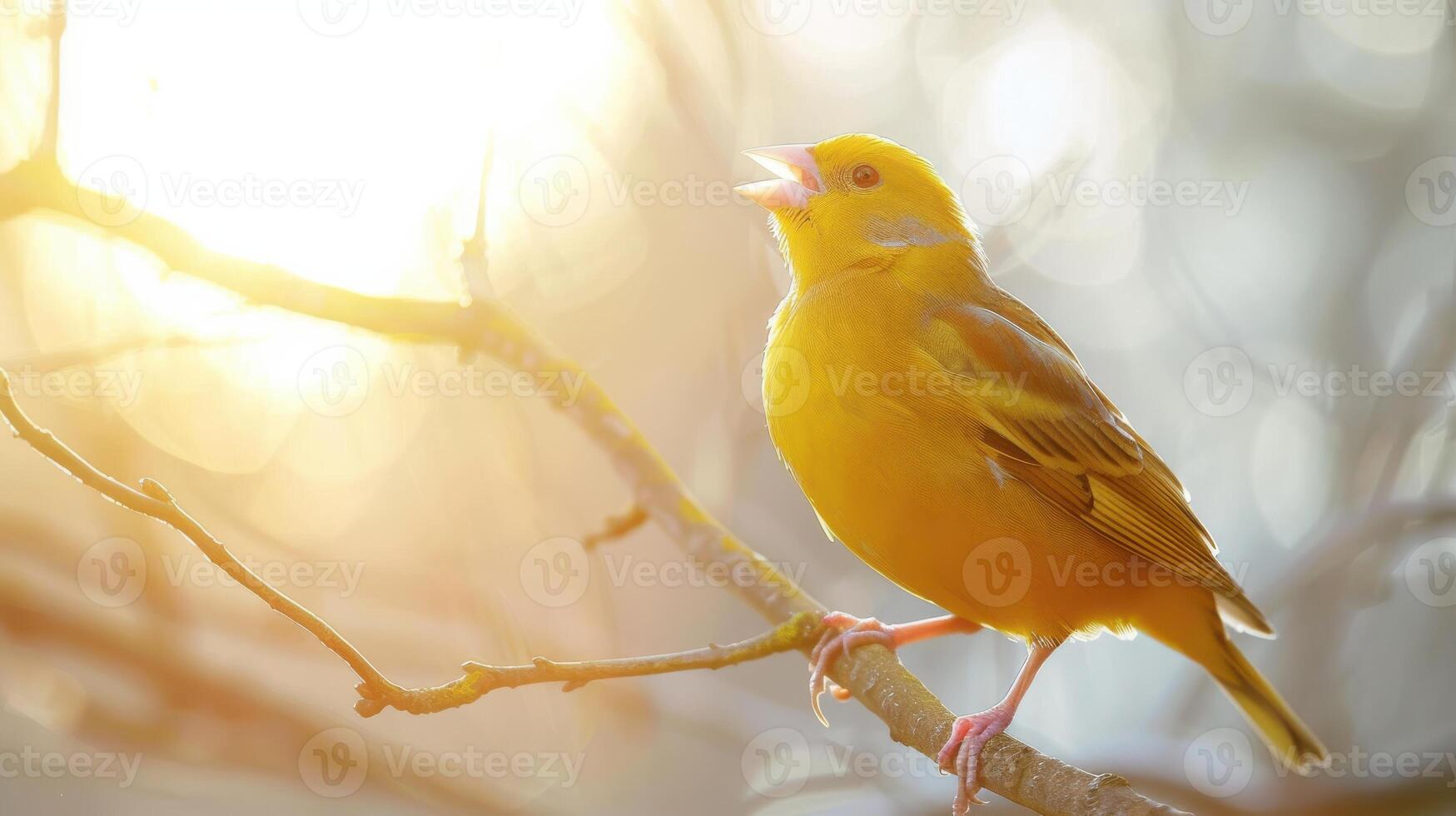Bright Yellow Canary Singing Cheerfully on a White Background in Natural Light. photo