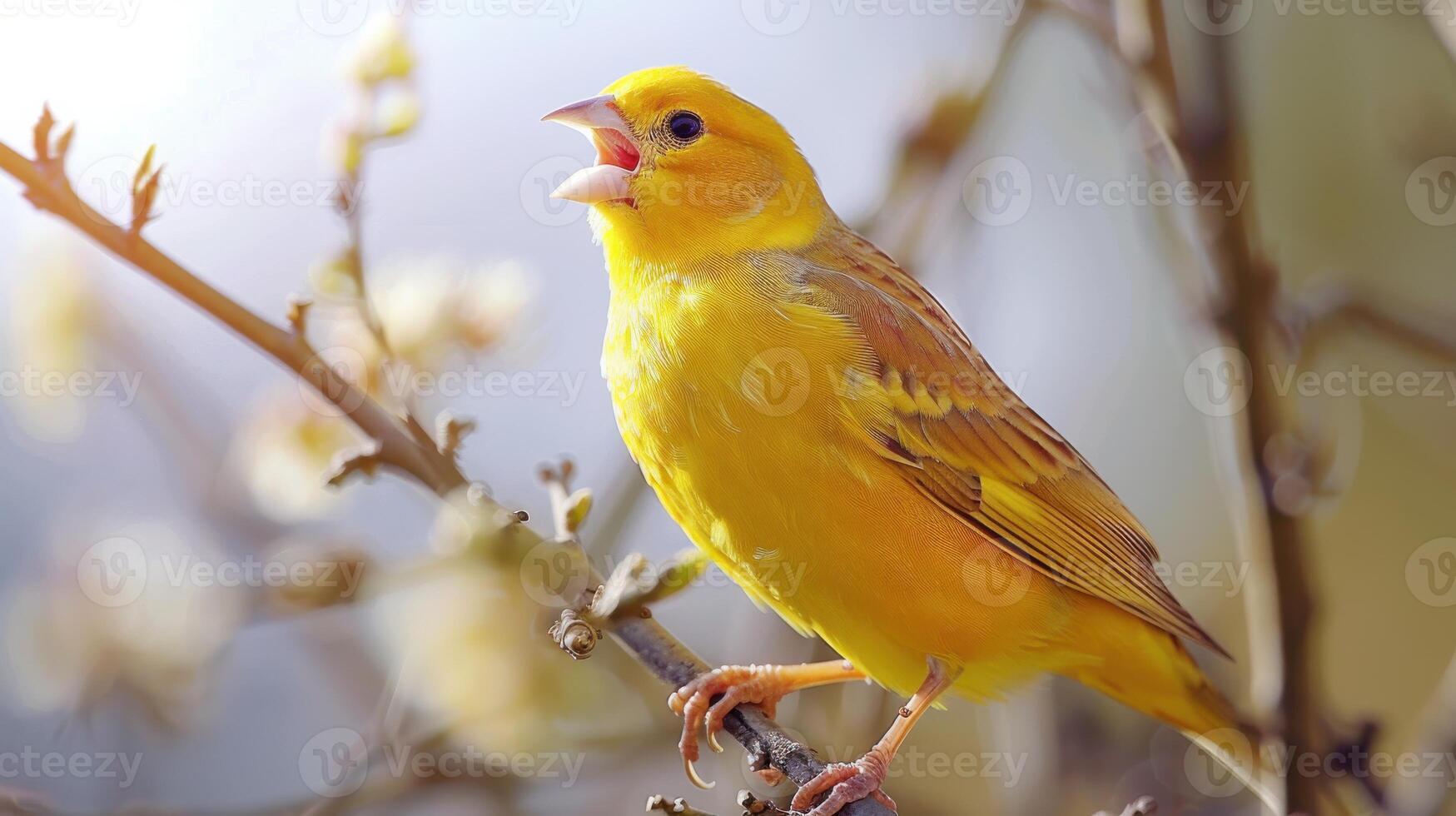 Bright Yellow Bird Singing Cheerfully on a Clear Sunny Day in Natural Habitat. photo