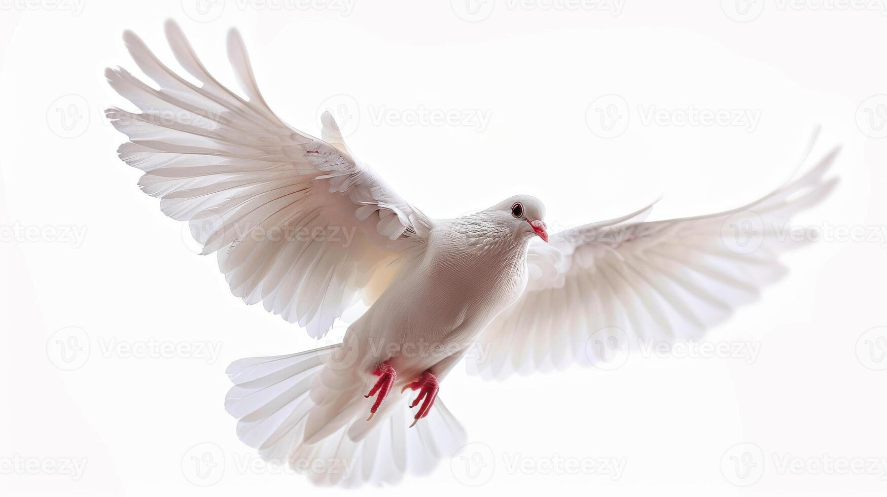White Dove Soaring Through Bright Blue Sky Against Soft White Background During Daytime. photo