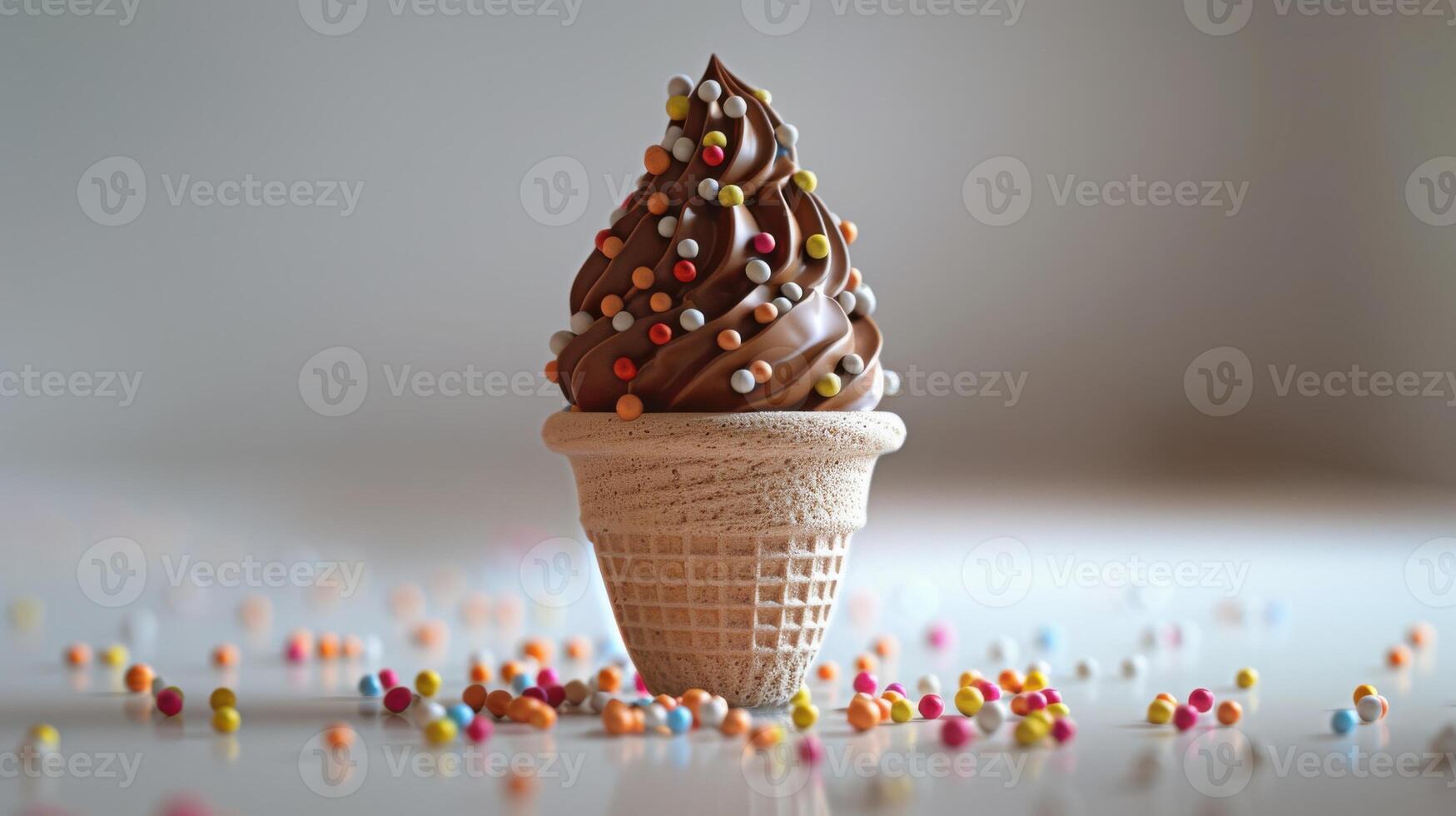 Delicious Chocolate Soft Serve Ice Cream Cone With Colorful Sprinkles at a Local Dessert Shop. photo
