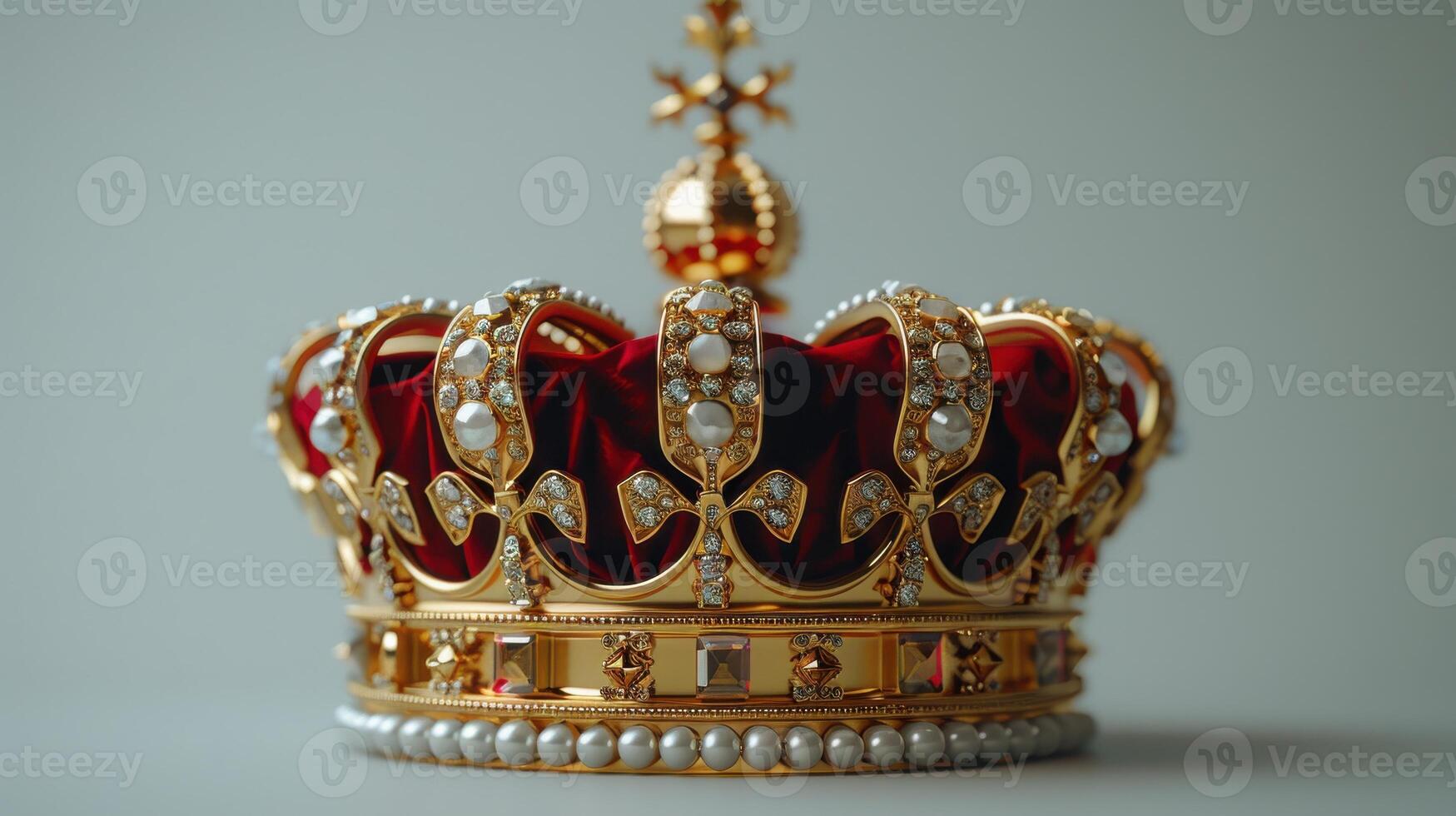 Ornate Golden Crown Adorned With Pearls and Gems Displayed on White Background. photo