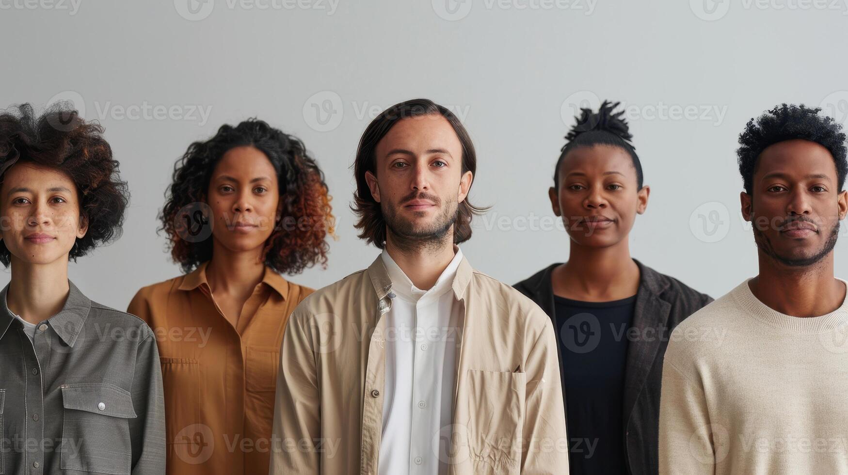 Diverse Group of Individuals Standing Together in an Artistic Indoor Setting in Soft Natural Light photo