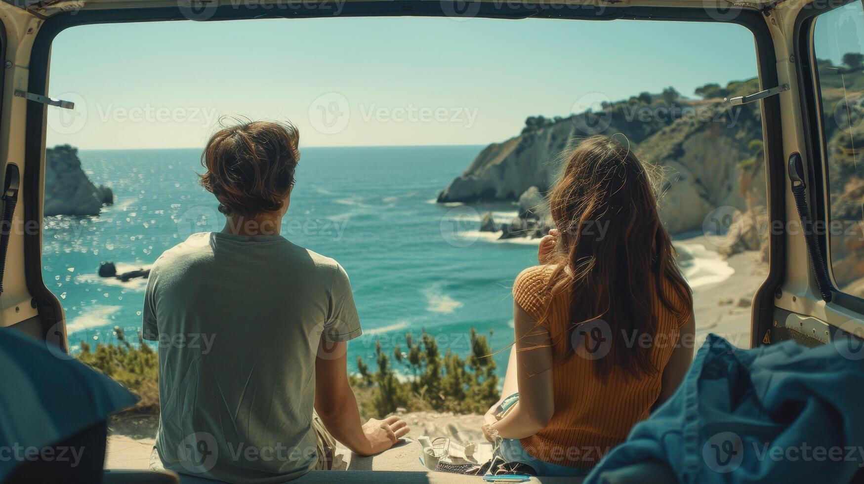 Enjoying a Breath-Taking Coastal View Together at Midday From a Vintage Van Overlooking the Sparkling Sea photo
