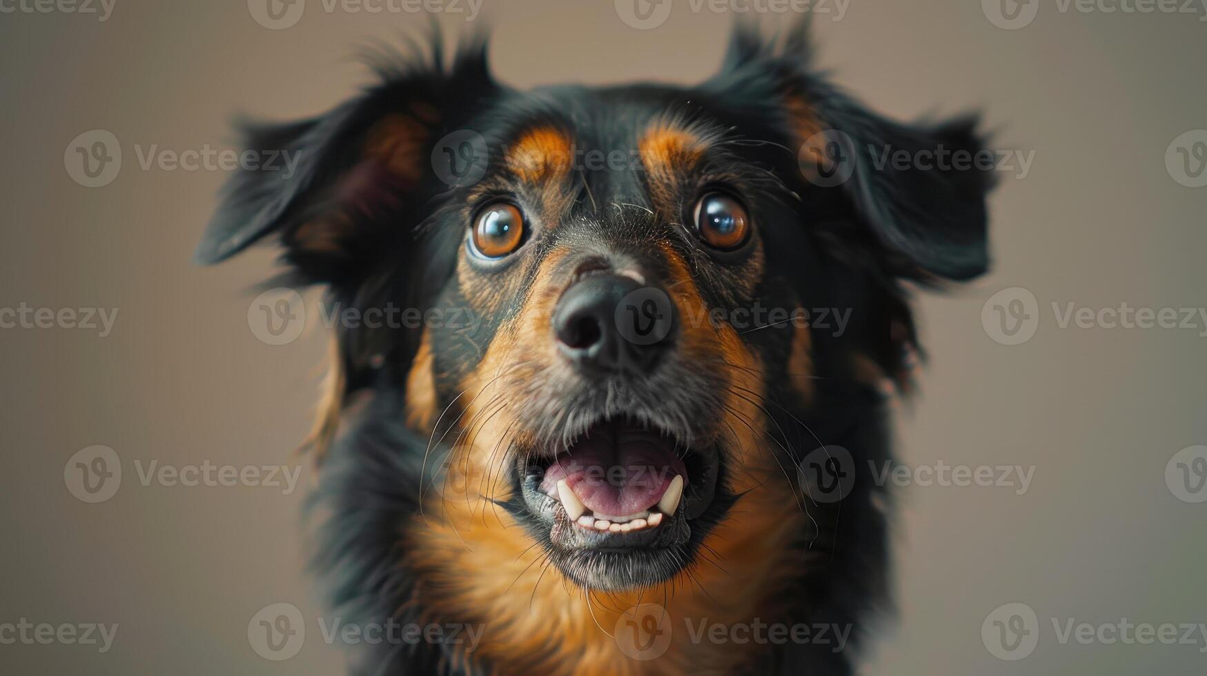 A Playful Dog Captivated by the Camera in a Cozy Indoor Setting During Golden Hour photo