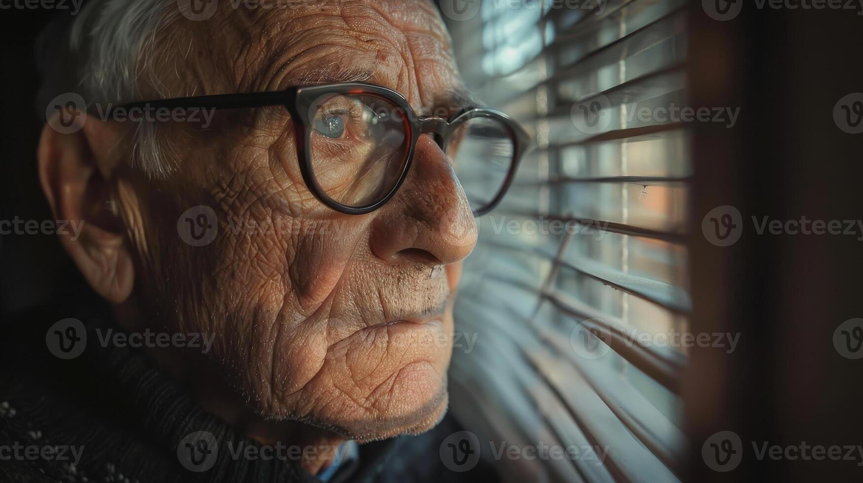 Elderly Man Gazing Thoughtfully Through Window Blinds in Soft, Golden Afternoon Light photo