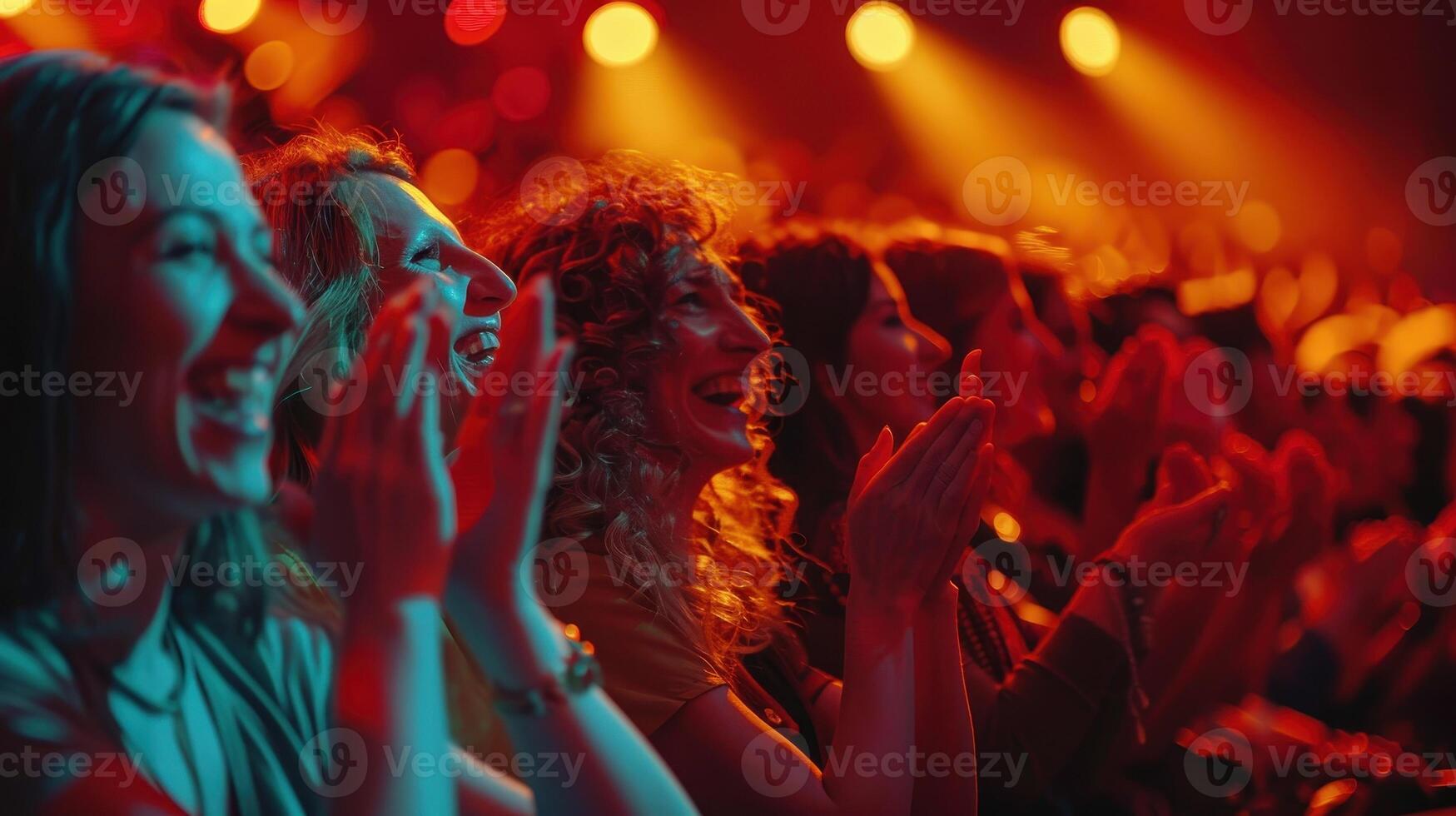 Enthusiastic Audience Members Applauding a Live Performance in a Vibrant Theater Setting photo