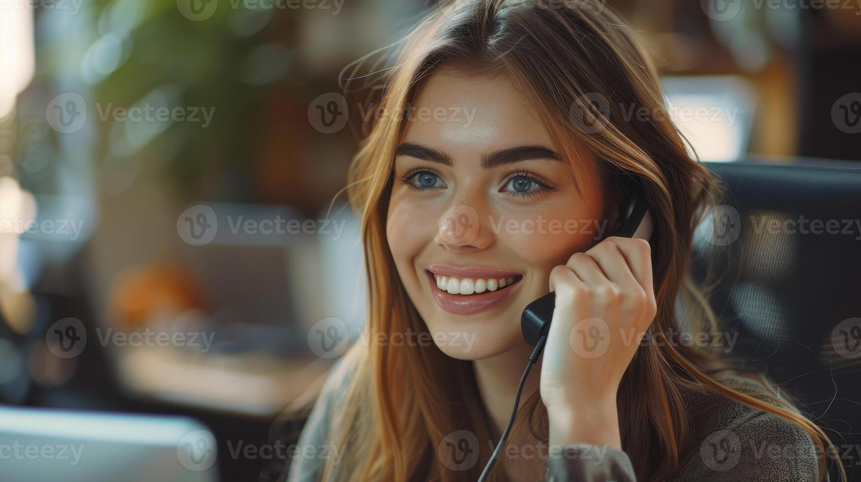Smiling Woman Engaged in Phone Conversation in Cozy Office Space During Bright Daylight photo