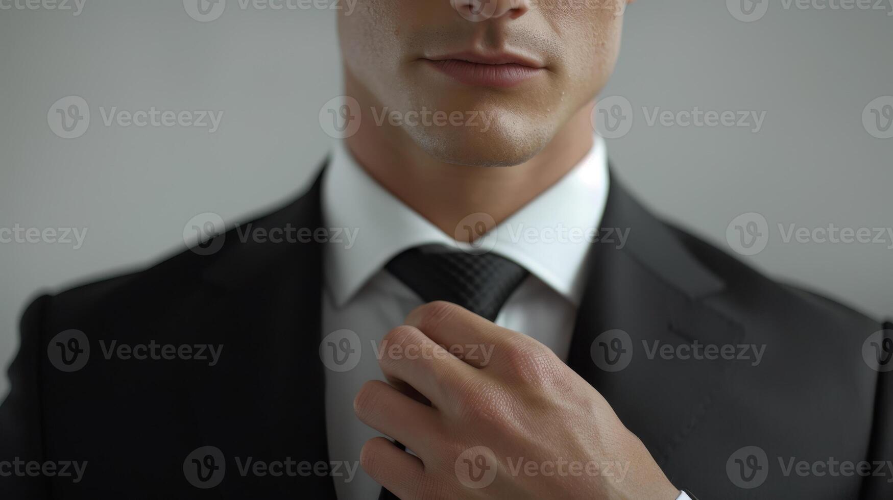 Elegant Man Tying His Tie in a Tailored Suit Against a Soft Background During a Professional Event photo