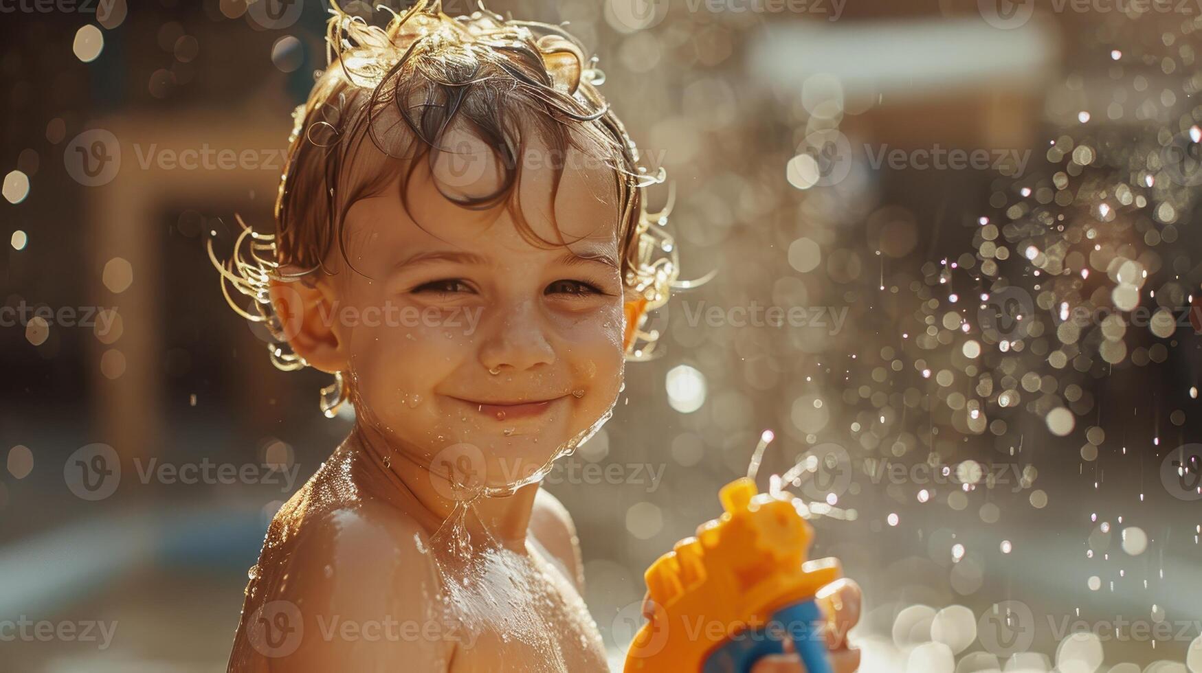 Joyful Child Playing With Water Toy in a Sunlit Backyard Splash Zone photo