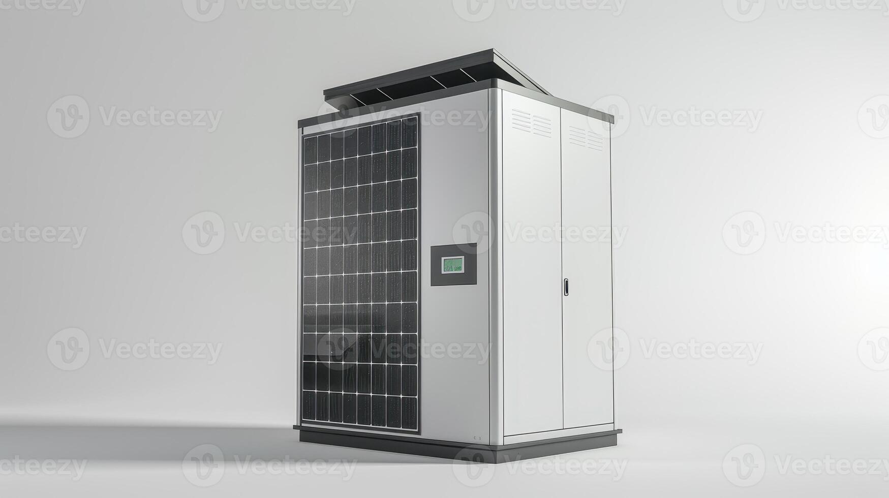 Innovative Solar Energy Storage Unit Showcasing Modern Technology in a Bright Studio Environment photo