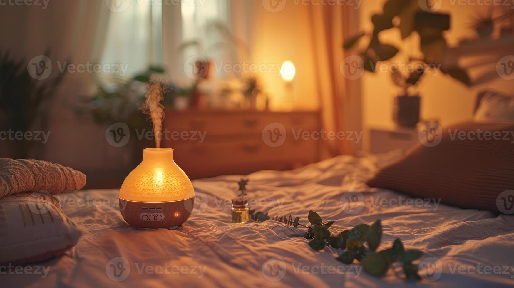 Cozy Evening Ambience in a Relaxing Bedroom With Soft Lighting and Aromatic Diffuser photo