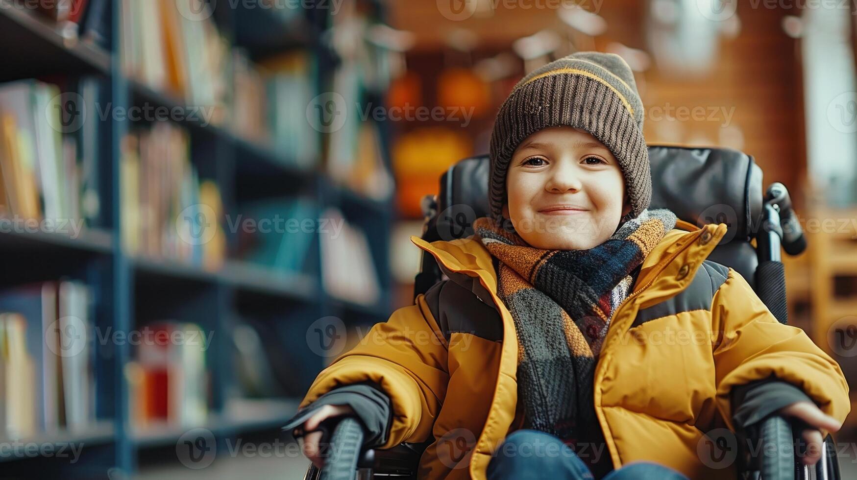 Cheerful Child in Wheelchair Enjoying a Cozy Library Visit on a Winter Day photo