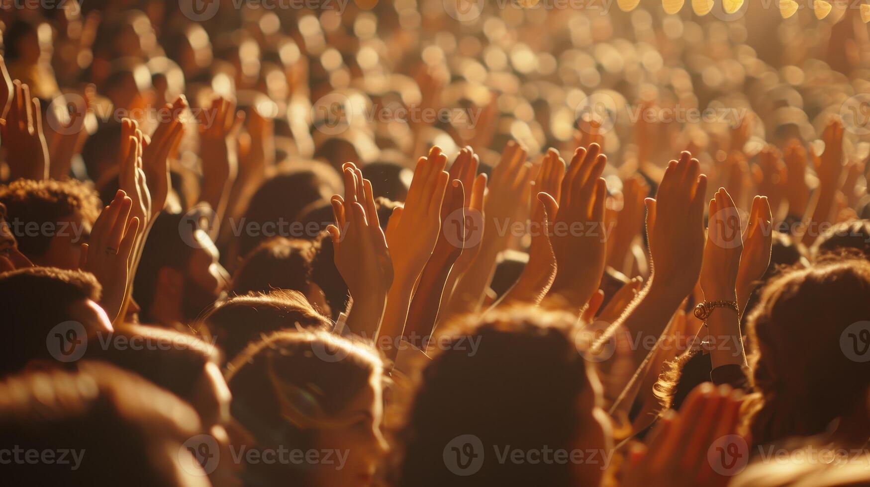 A Vibrant Crowd of Enthusiastic Fans Applauding at a Majestic Outdoor Concert During a Warm Summer Evening photo